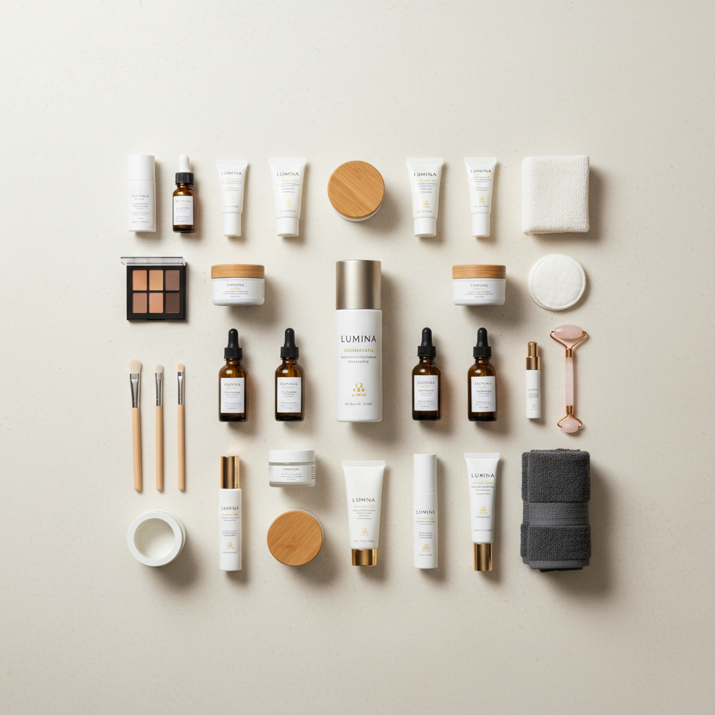 Professional beauty treatment with skincare products and tools on clean white surface