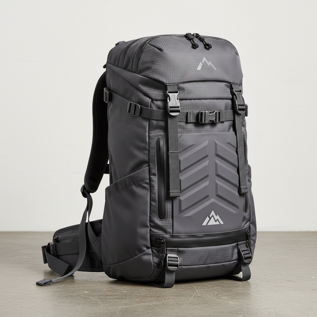 Dark navy blue backpack with multiple compartments standing upright