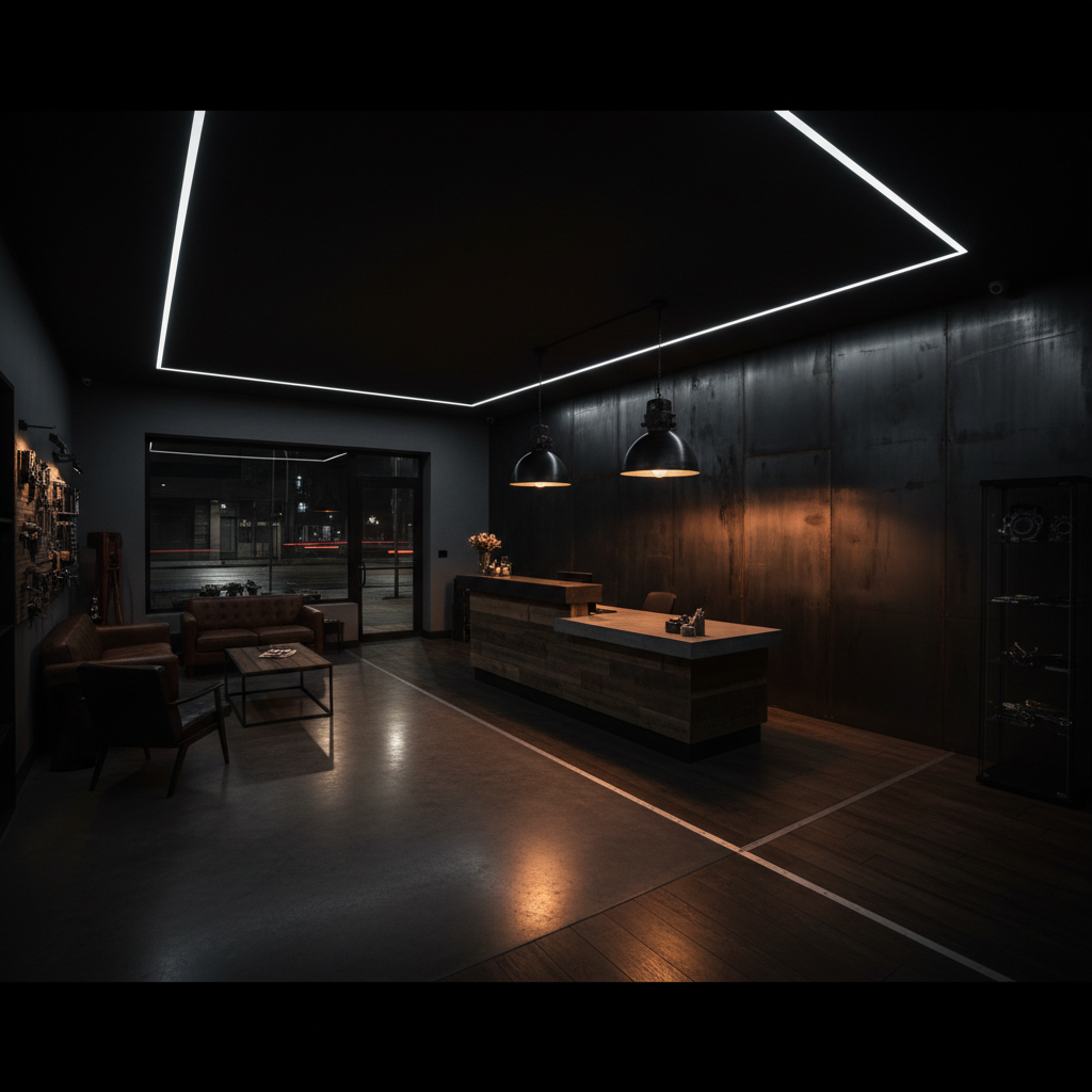 Dark automotive workshop atmosphere, dramatic overhead lighting, deep shadows, cinematic industrial environment