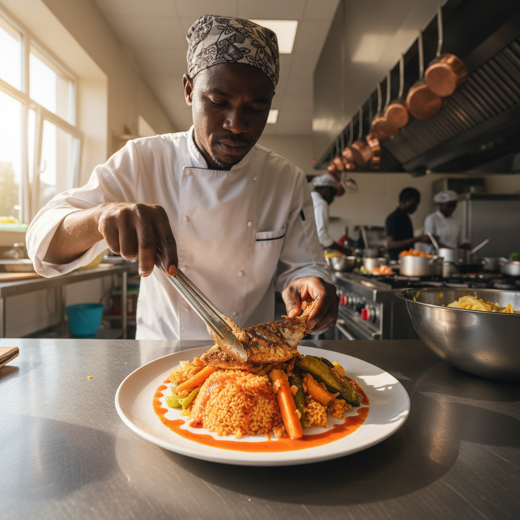 Chef Amara Diallo plating a vibrant West African fusion dish in her kitchen