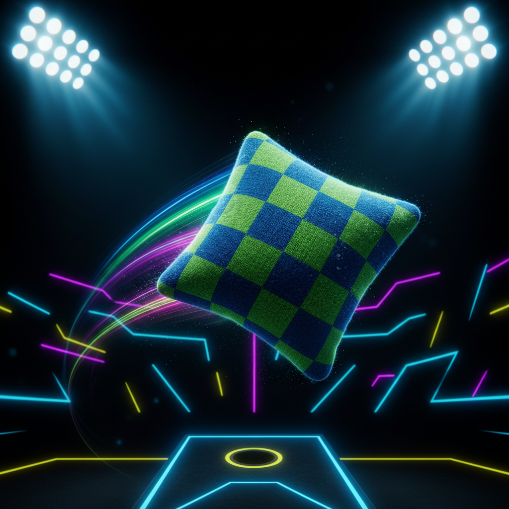 Cornhole bag mid-throw under stadium lights with neon glow on dark background