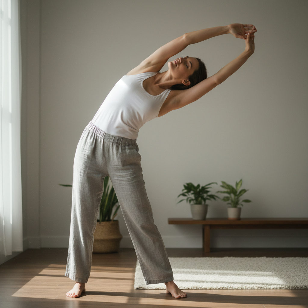 Person gently stretching neck in bright minimal room, soft morning light through sheer curtains, calm and serene