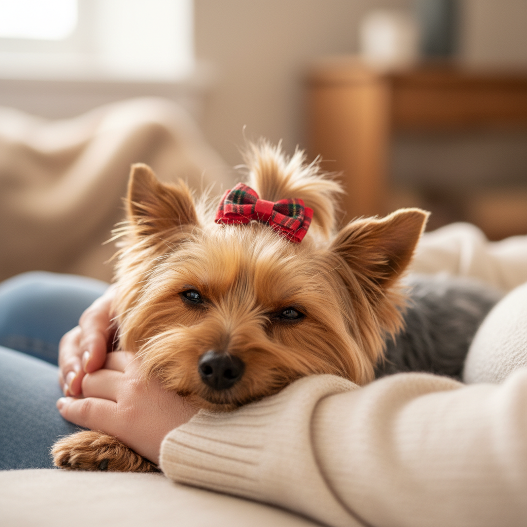 Yorkie with bow in hair on owner's lap
