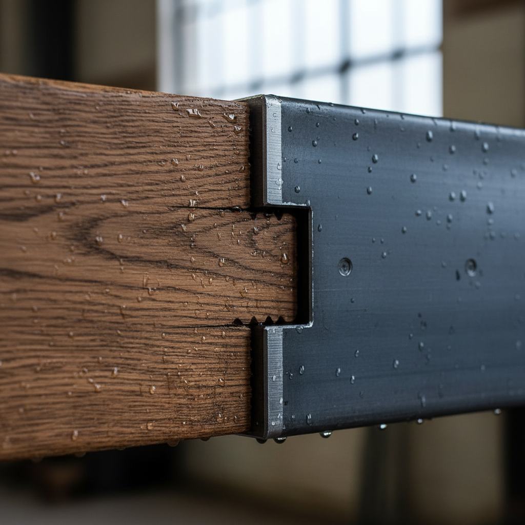 Detail of Threshold oak and steel joint showing material contrast