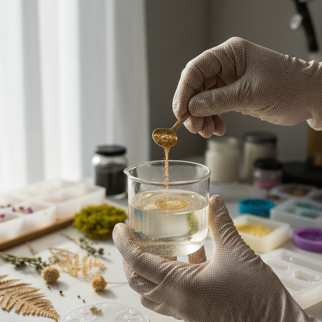 Artisan hands carefully pouring tinted resin into a circular mold with gold leaf