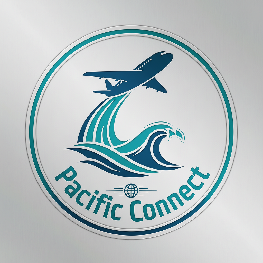 Pacific Connect logo showing modern jet aircraft over ocean waves in teal colors