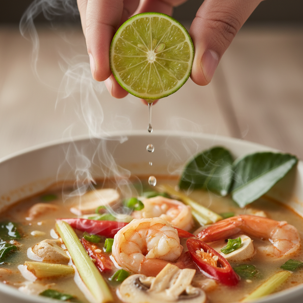 Hand squeezing fresh lime wedge over steaming Tom Yum soup
