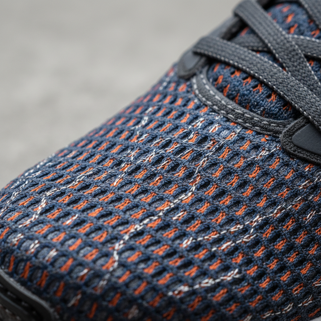 Close-up macro photograph of engineered mesh weave pattern on Stride shoe upper