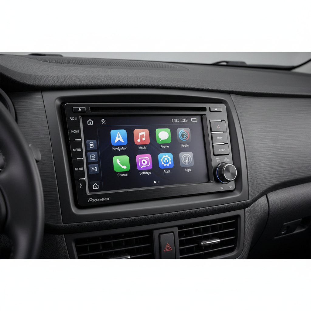 Pioneer car audio head unit with digital display showing audio controls