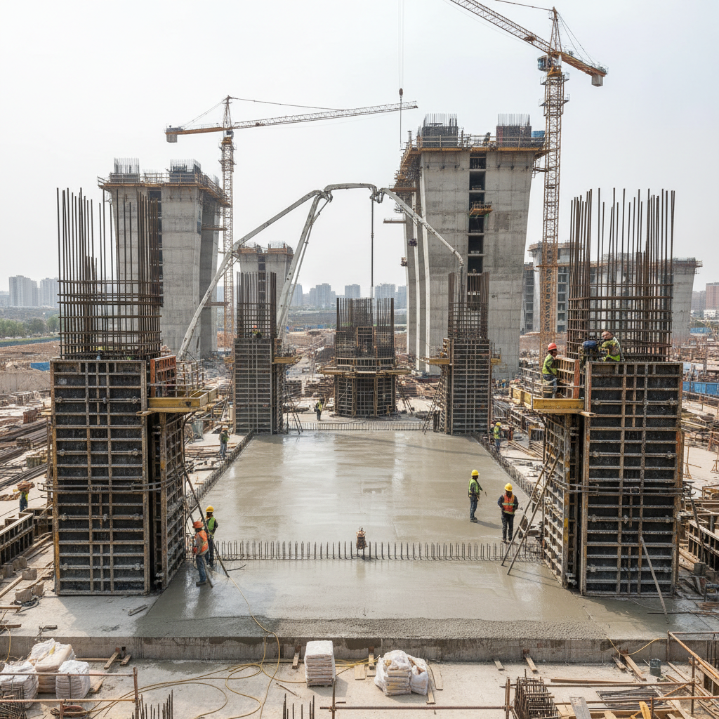 Commercial construction site with concrete work in progress, large building foundation being poured