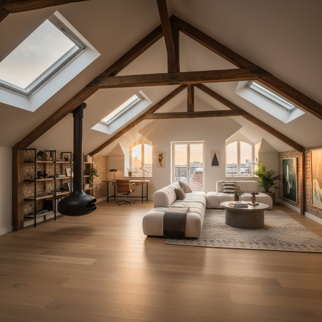 Beautifully converted loft room with Velux windows and evening light