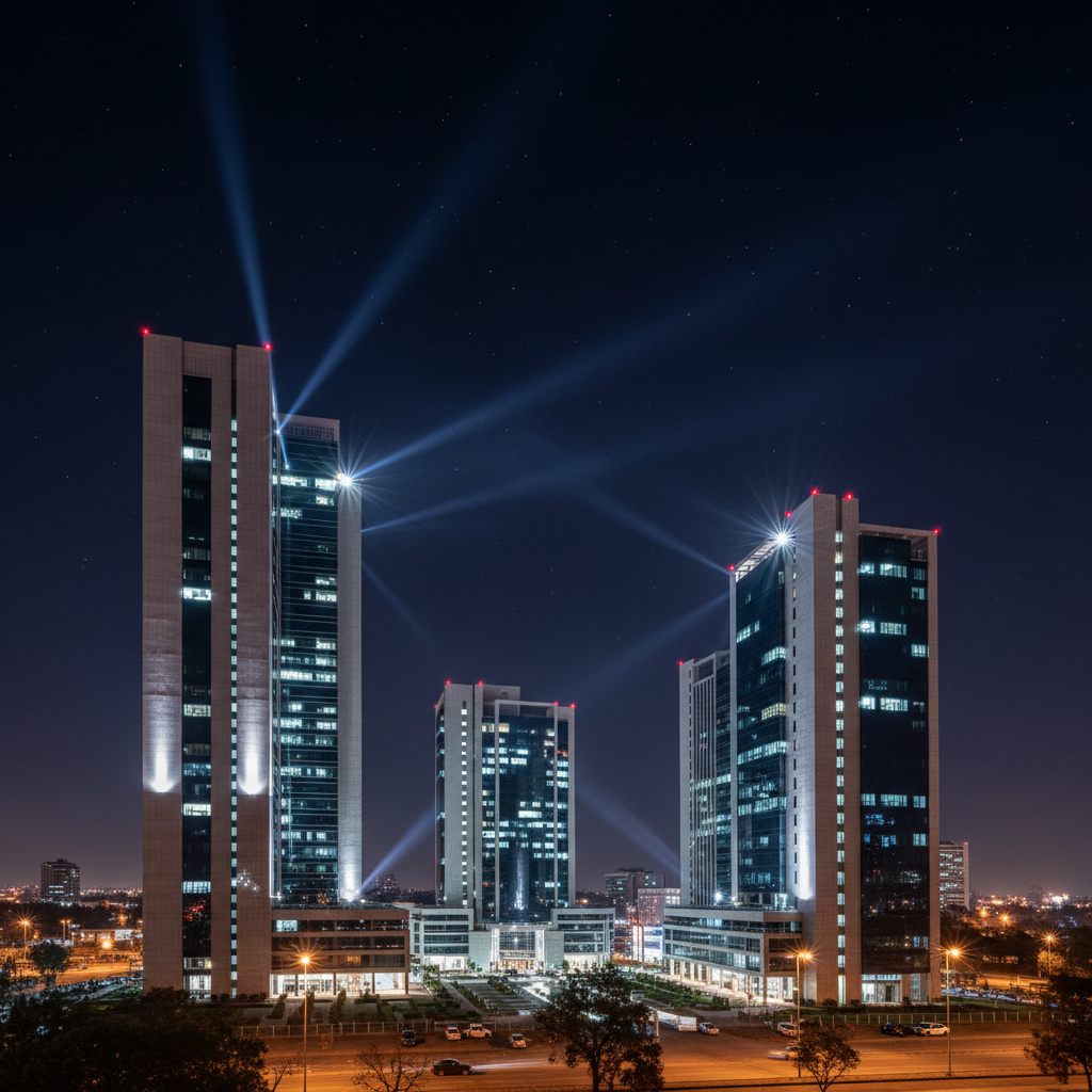 Modern Kenyan office building with visible security infrastructure, surveillance cameras, electric fence perimeter, professional security setup