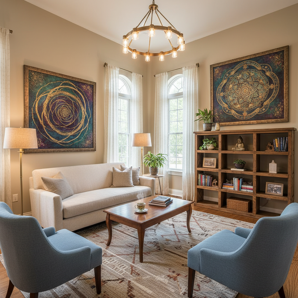 Professional spiritual coach in consultation with client in peaceful office setting with plants and natural decor