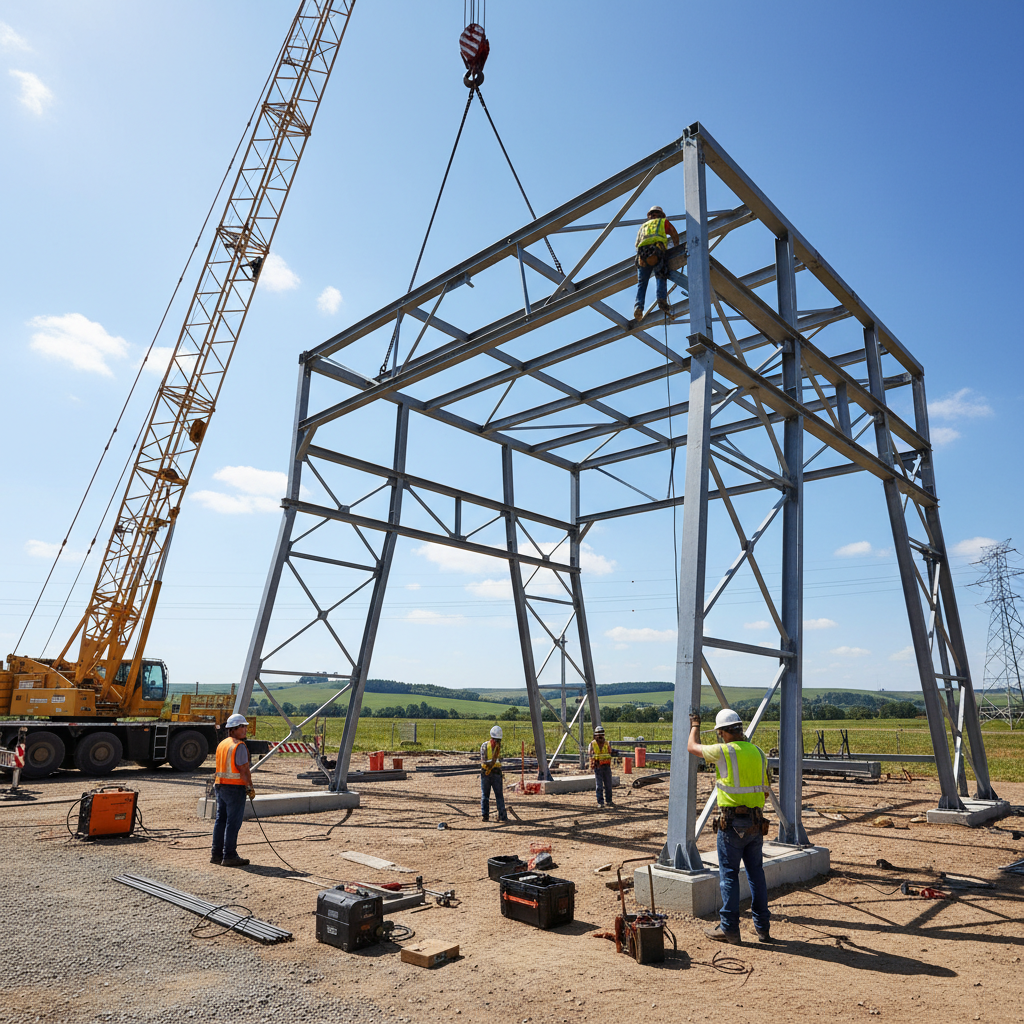 Steel substation structure being erected by a crane crew on a clear day