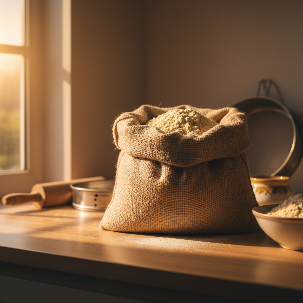 Large five kilogram besan sack on kitchen counter with warm lighting