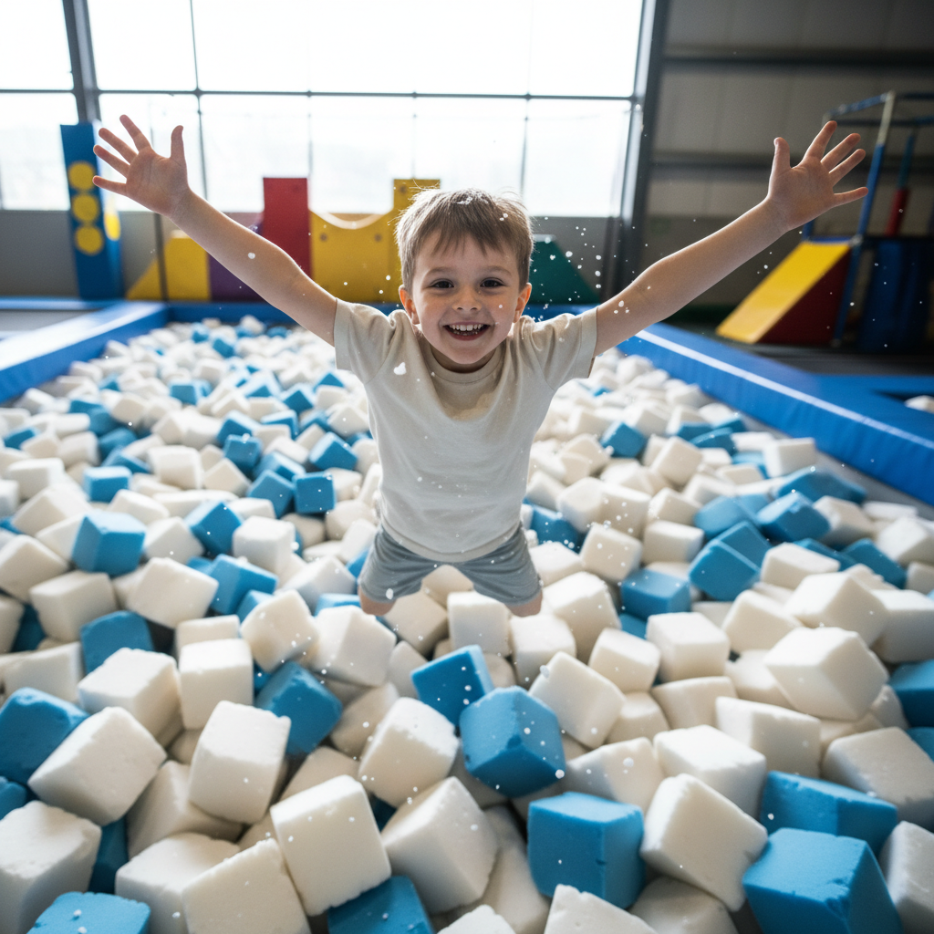 Child jumping into a foam pit with arms spread wide, mid-air with huge smile