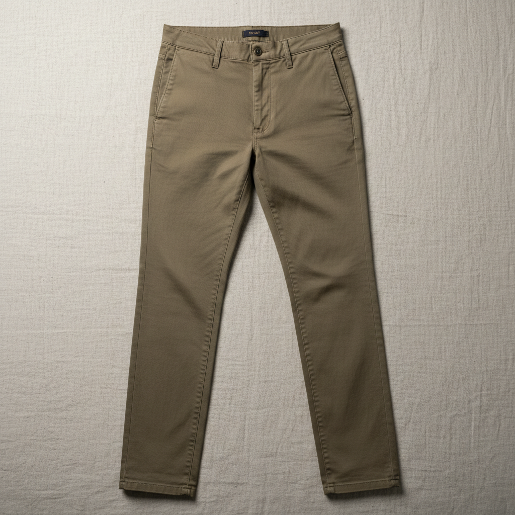 Khaki slim chinos on white background