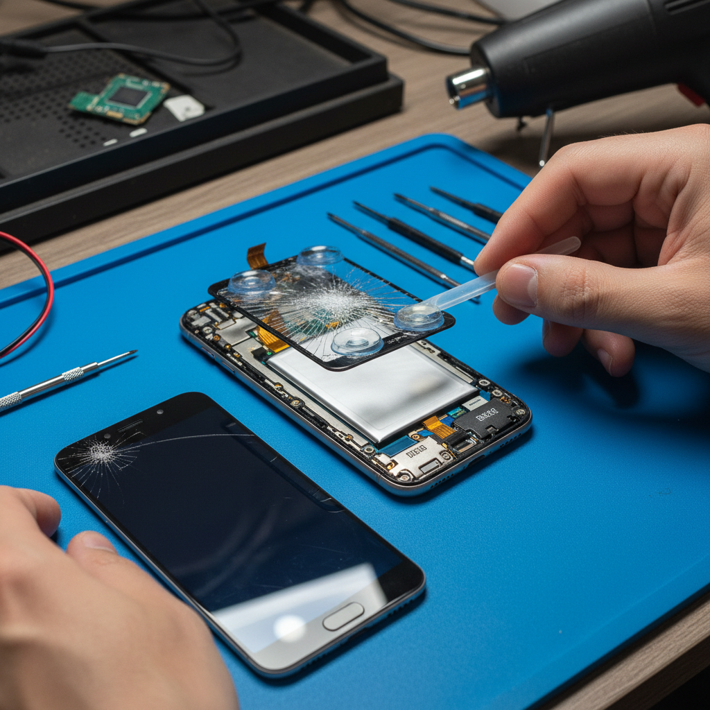 Old swollen smartphone battery removed from device, dark repair mat