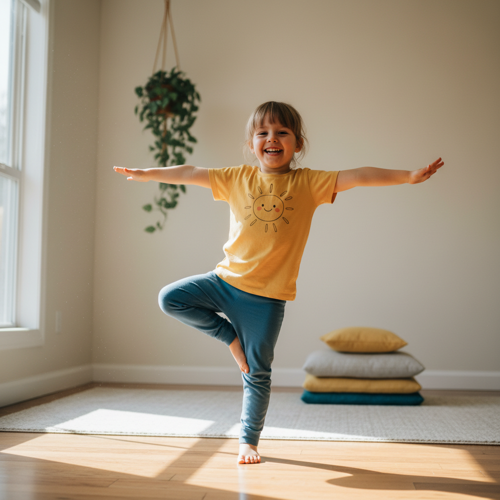 Child doing a playful yoga pose, arms spread wide like wings, laughing in a sunny room