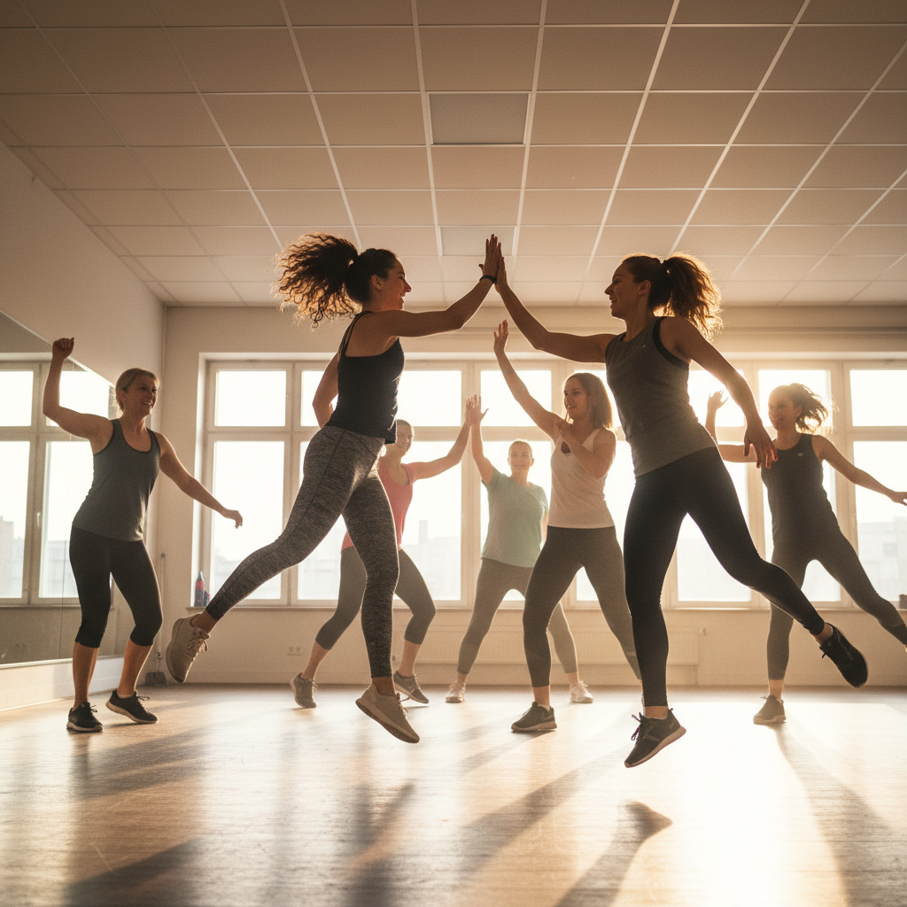 Dance instructor high-fiving adult students mid-class, energy visible in hands and movement