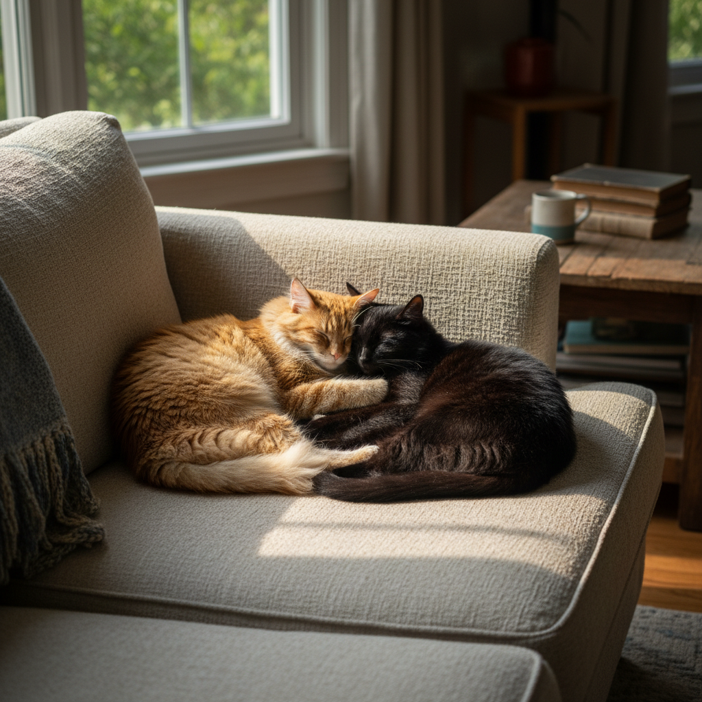 Two cats Barnaby and Fig curled together on a linen sofa in dappled morning light