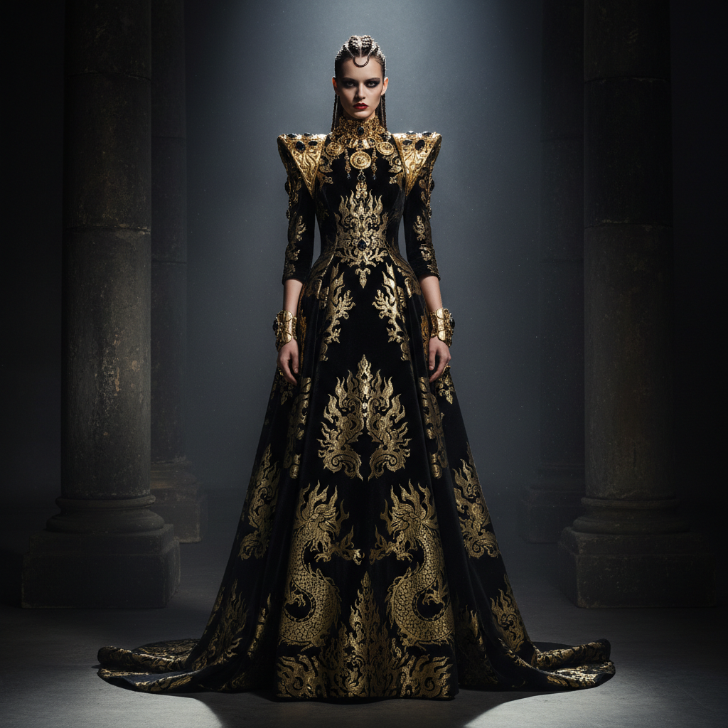 Dramatic fashion editorial with model in bold graphic pieces against deep black background with colored lighting