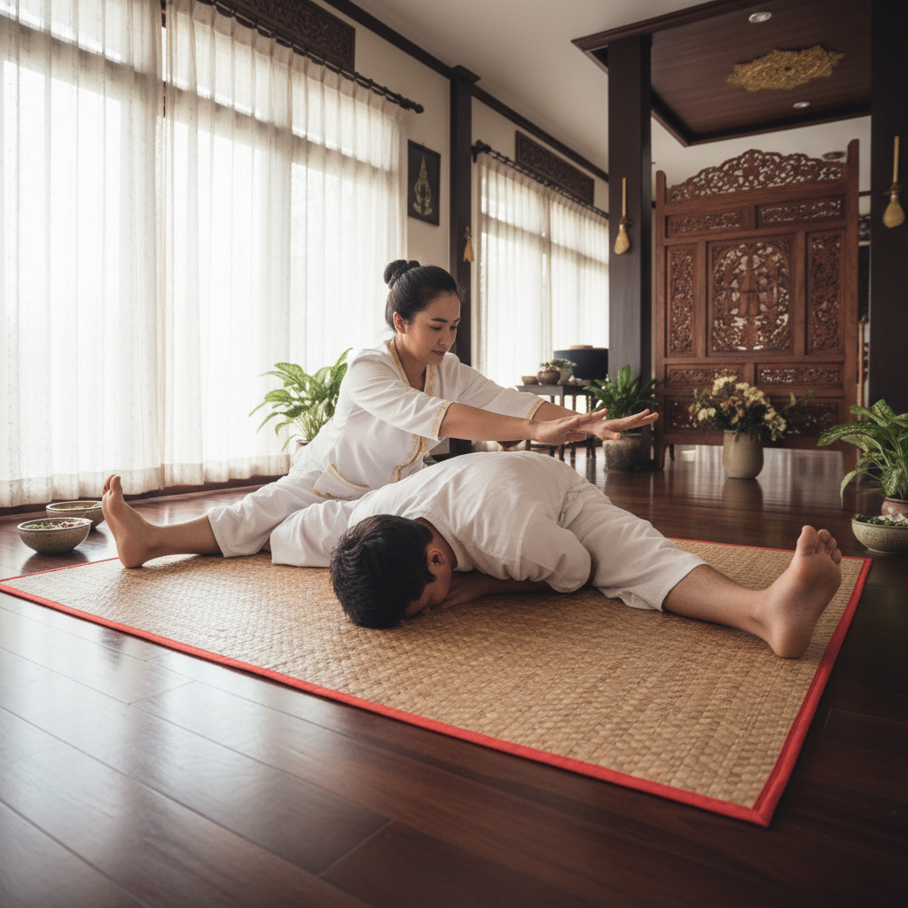 Traditional Thai massage with stretching techniques performed on a floor mat