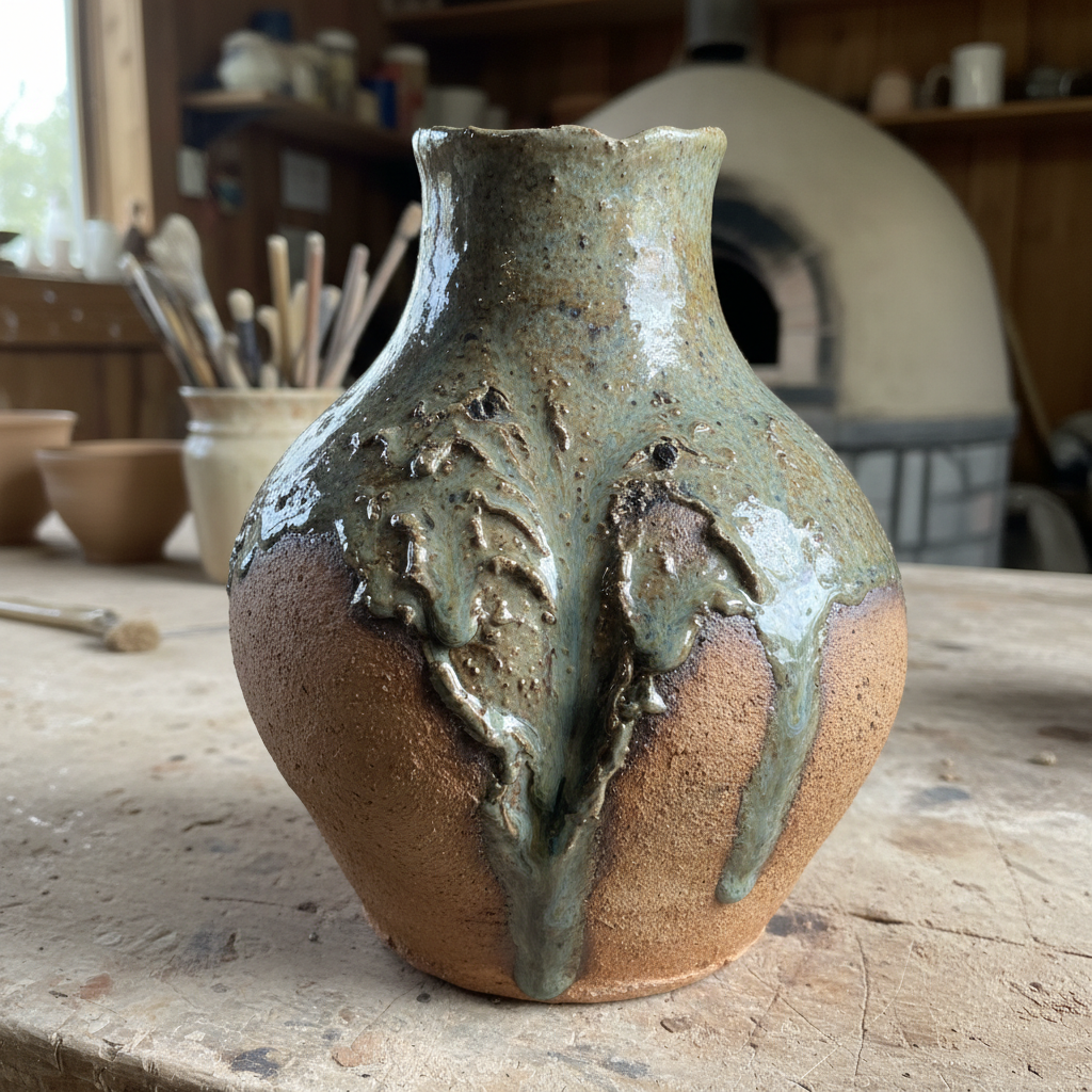Handthrown stoneware ceramic vase with ash glaze texture and organic form