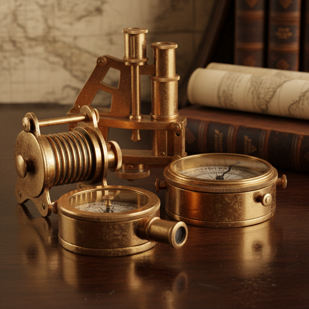 Close-up of brass nautical and scientific instruments with warm patina