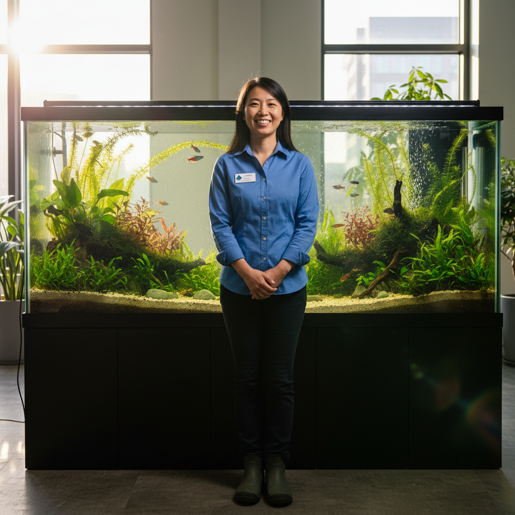 Elena Vasquez, freshwater manager, smiling in front of lush green planted aquarium display