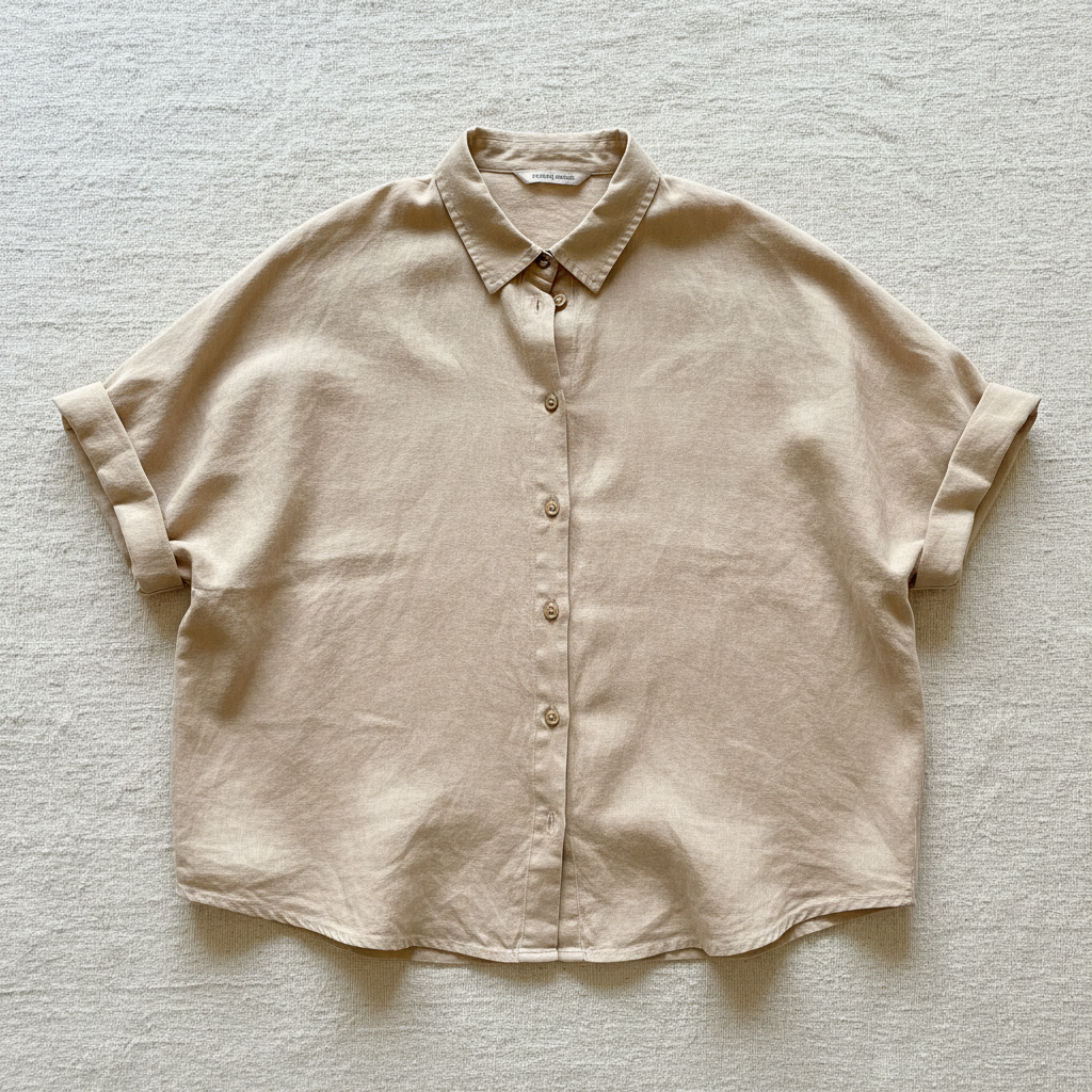 Linen button-down shirt in warm sand color, relaxed golf resort style, 80s Ralph Lauren inspired