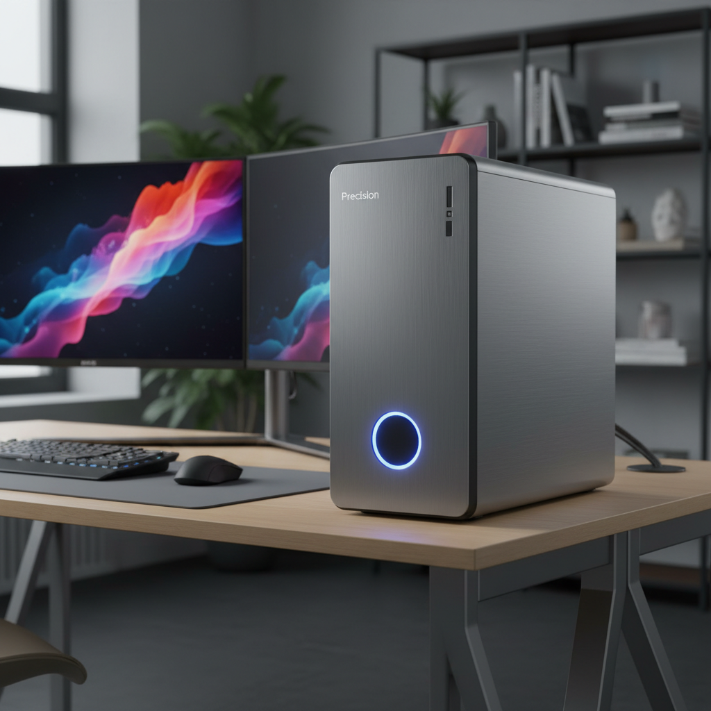 Professional workstation computer tower with clean design, studio lighting, modern office setup