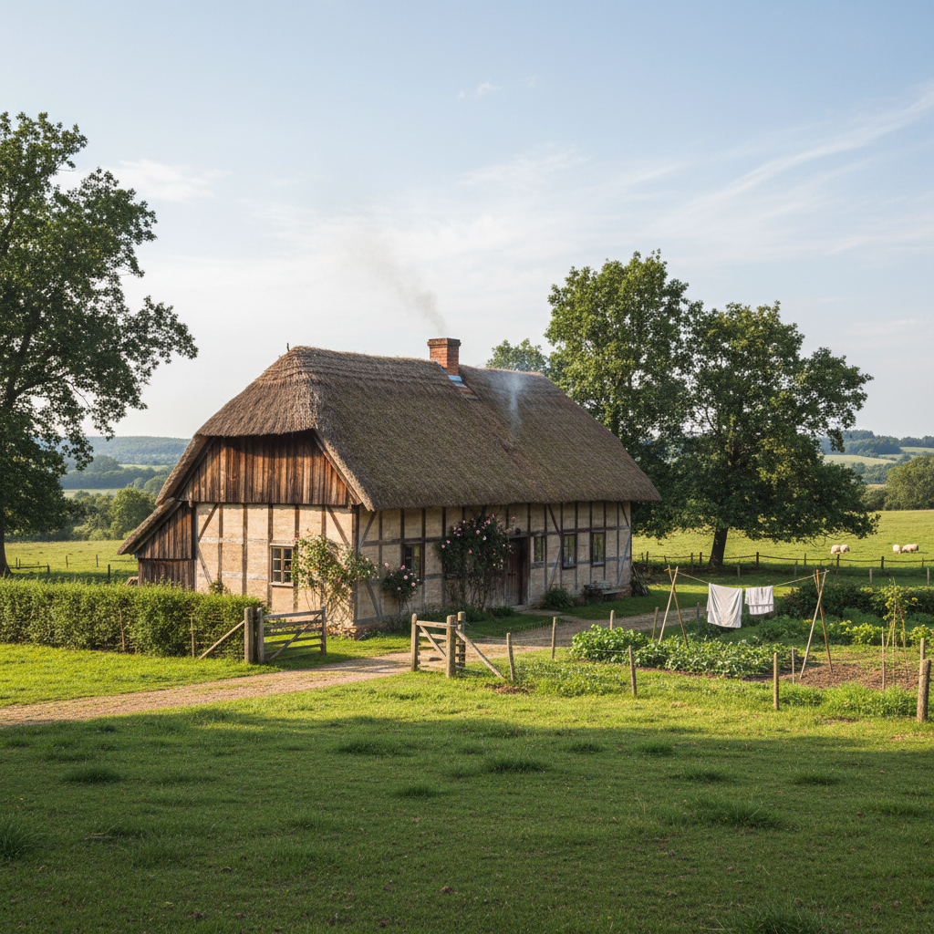 Sprawling farmhouse with lush green fields and organic garden in countryside