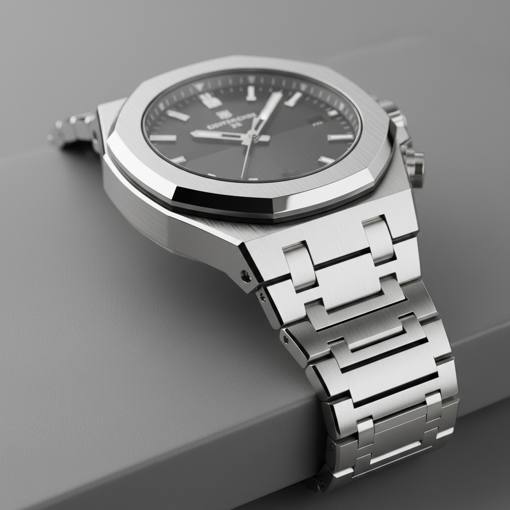 Watch case finishing with beveled lugs, polished platinum surfaces, controlled spotlight