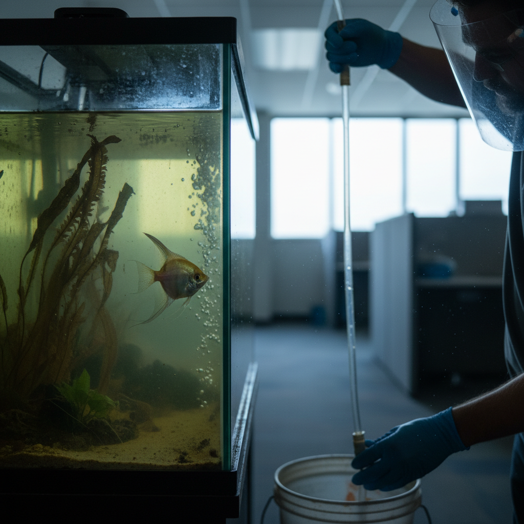 Gloved technician performing water change on a neglected corporate aquarium, siphon tube removing cloudy water, single angelfish hovering in murky background