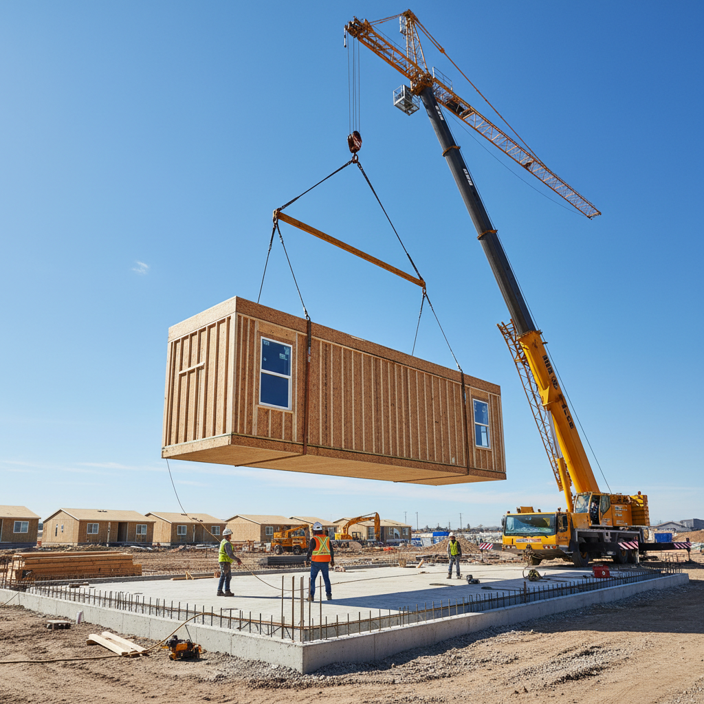 Large crane setting a manufactured home section onto a concrete foundation on a clear day