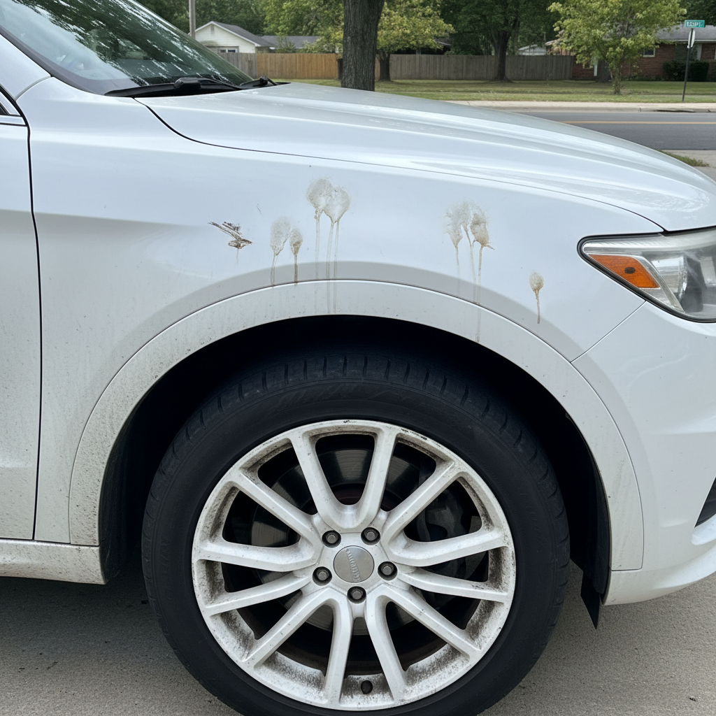 White SUV with brake dust on wheels, bird drop stains on hood, and swirl marks visible before wash