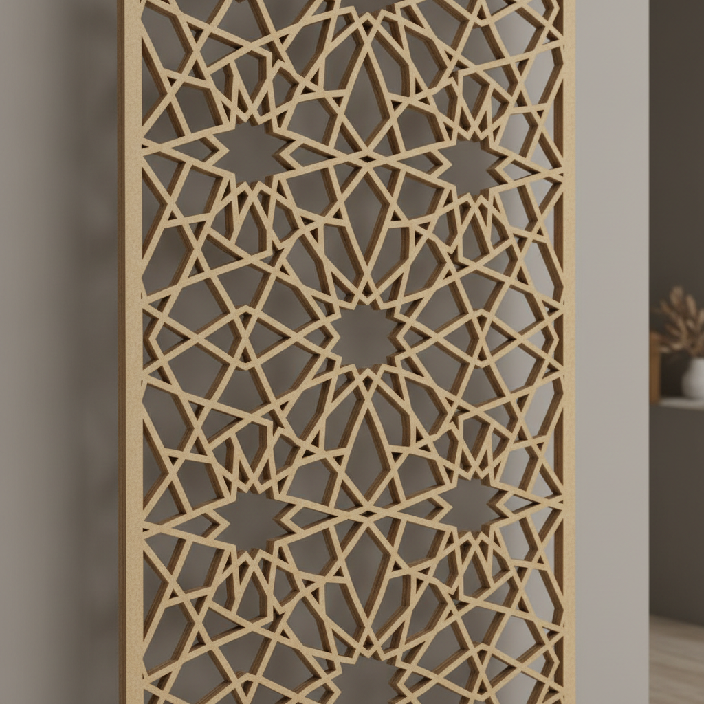 Islamic geometric CNC jali pattern panel with fine star and hexagonal lattice in MDF