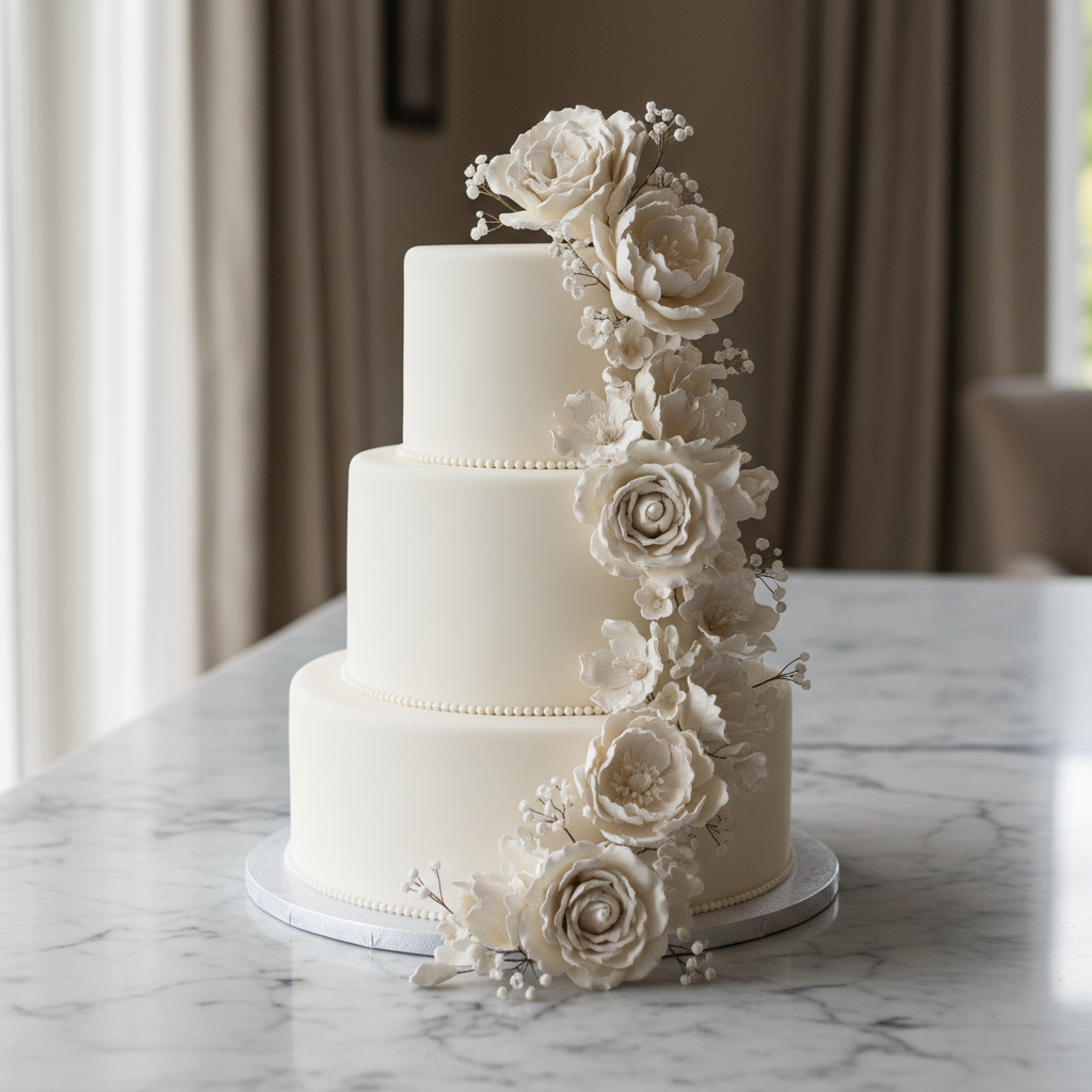 Multi-tiered white wedding cake with delicate sugar flowers on a marble surface