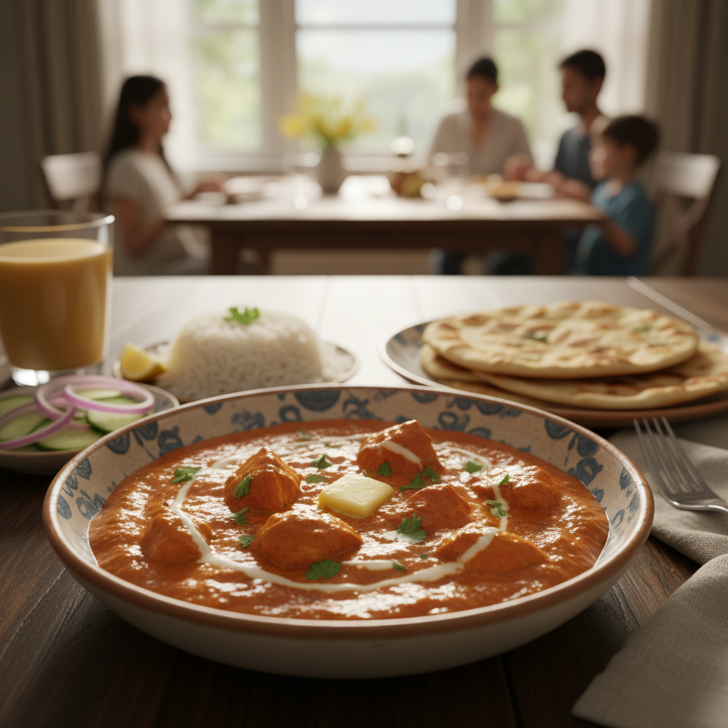 Butter chicken curry in bowl with naan