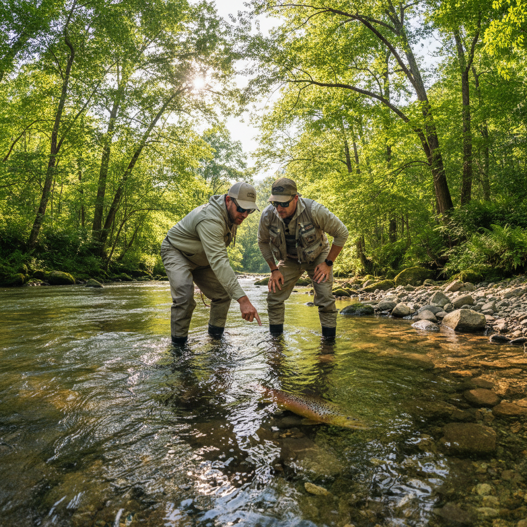 Guide pointing out fish to client on Little Red River