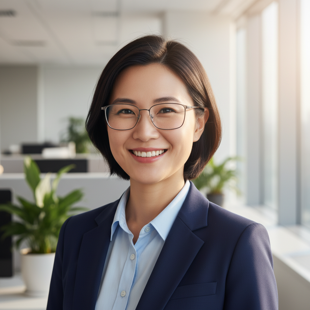 Professional woman with glasses in business attire smiling confidently