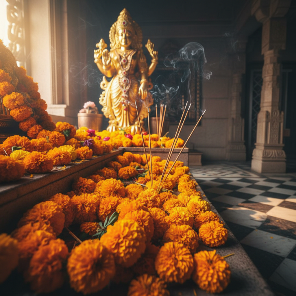Marigold flower offerings and incense at a Vishnu temple altar with golden lamps