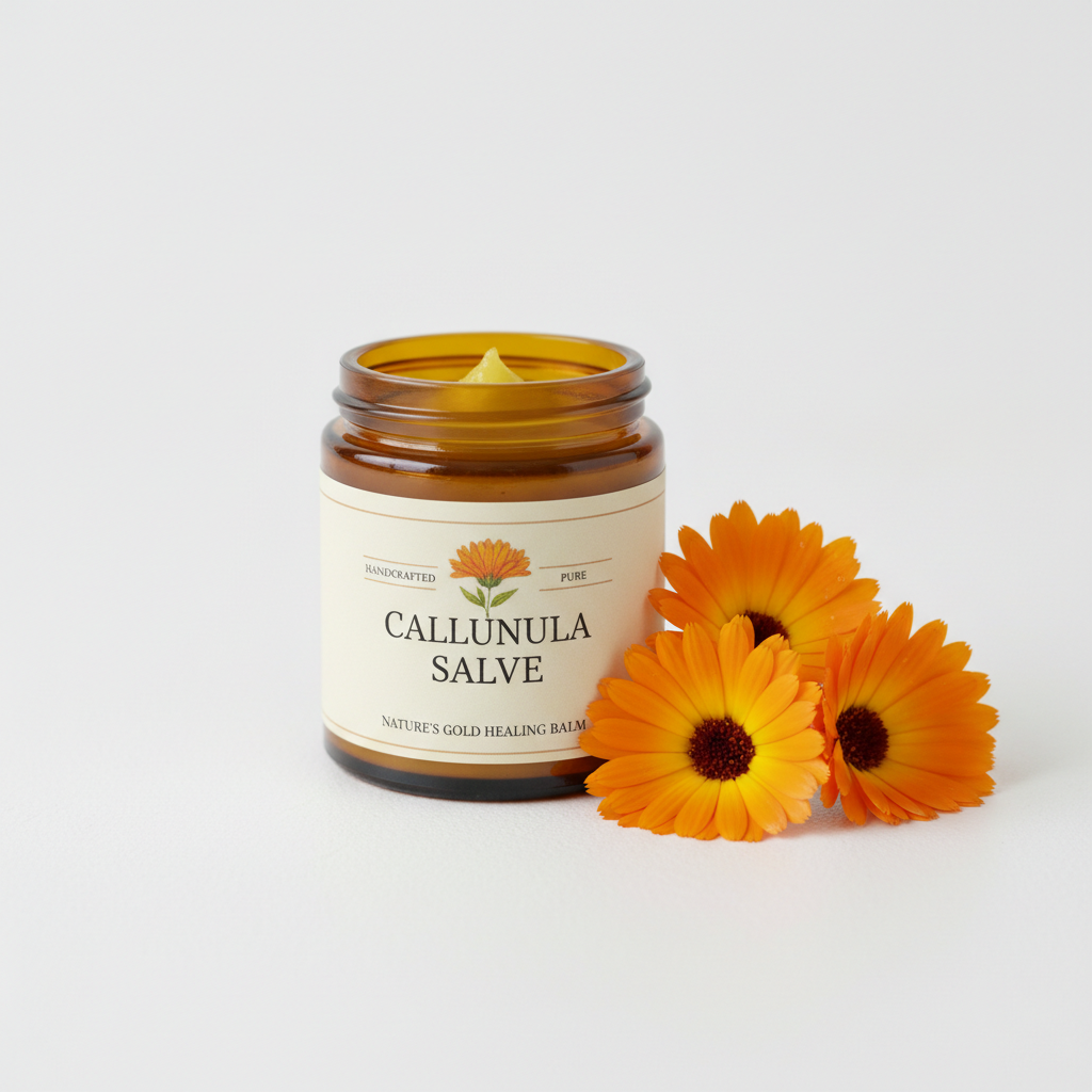Olympus Glow Cream elegant jar with calendula flowers on warm linen, golden light