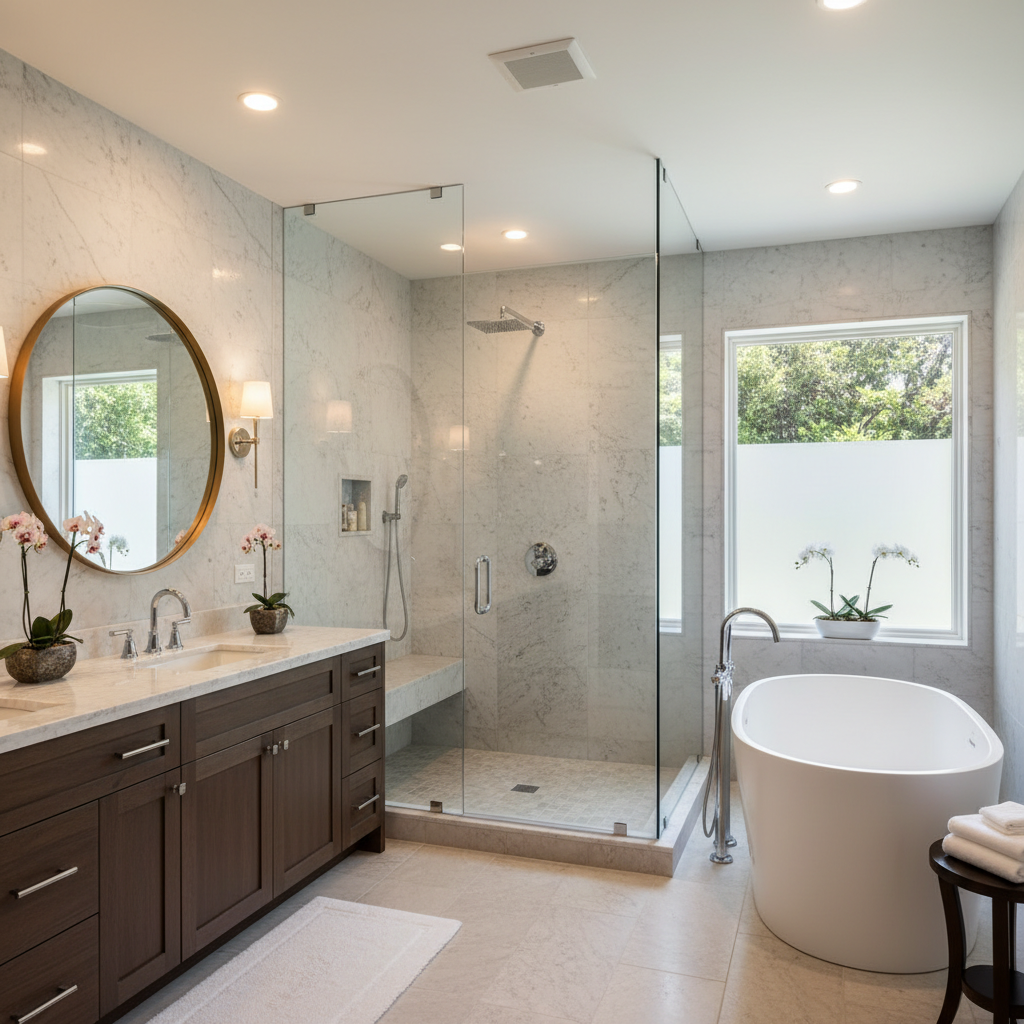 Luxury bathroom with frameless glass shower and freestanding bathtub