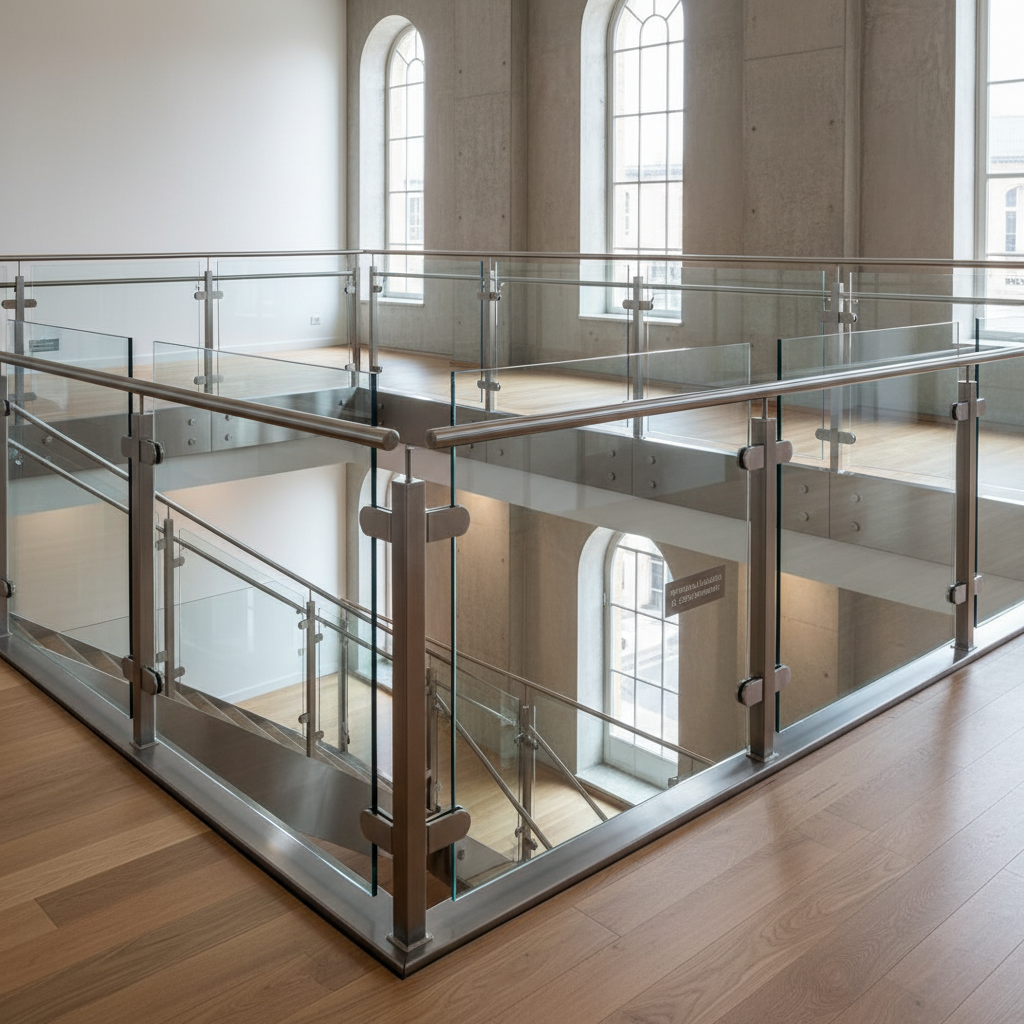 Sleek modern staircase with glass panel railing system in contemporary commercial building, steel and glass construction