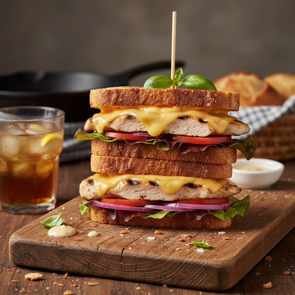 Club Sandwich - Triple-decker with grilled chicken, turkey, lettuce, tomato, mayo