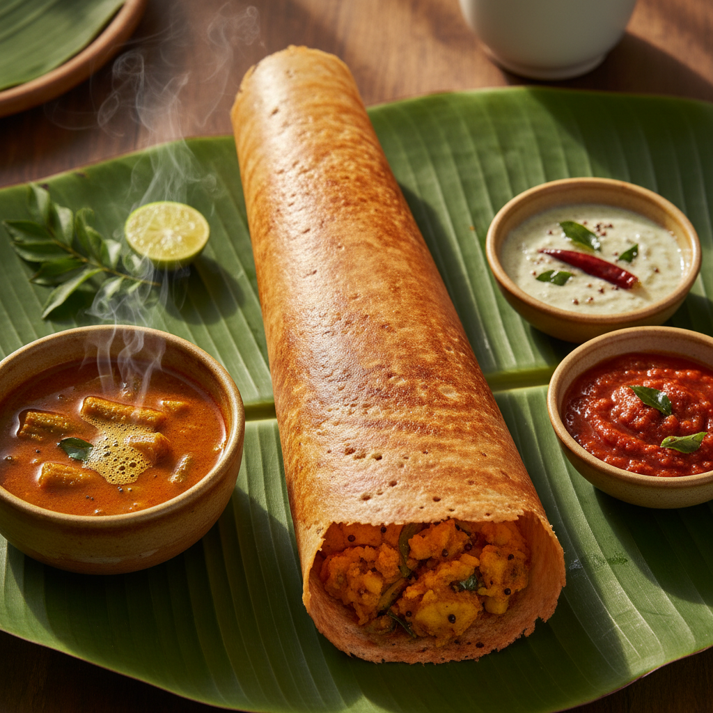Chicken curry dosa crispy crepe with spiced chicken curry