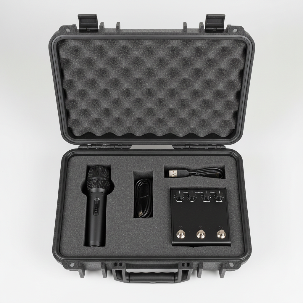 Hard shell carry case open showing custom foam cutouts for microphone and loop station