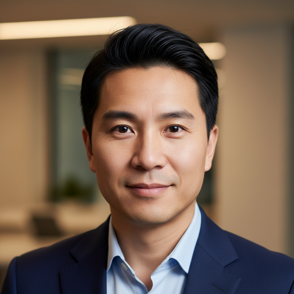 Professional Japanese man in navy suit, professional headshot style, soft bokeh background